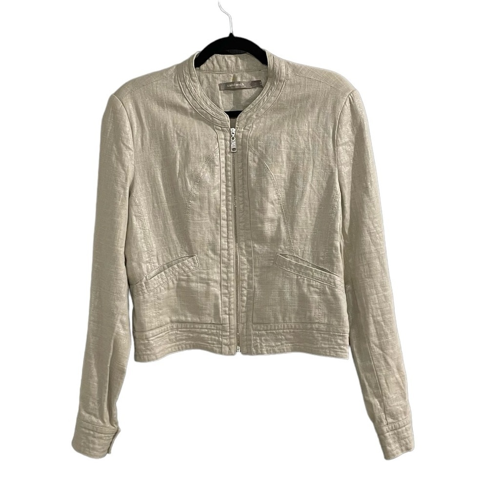 Sandwich Linen Cotton Zip Front Cropped Jacket Neutral Tan L
